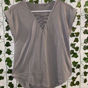 Olive Green Flowy Shirt With Criss Crossed V Neck